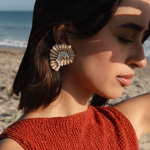 Shell and Pearl Neutral Swirl Stud Earrings Styled on Model