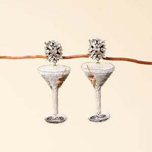 Silver Beaded Martini Drop Earrings Staged on Branch with Tan Background