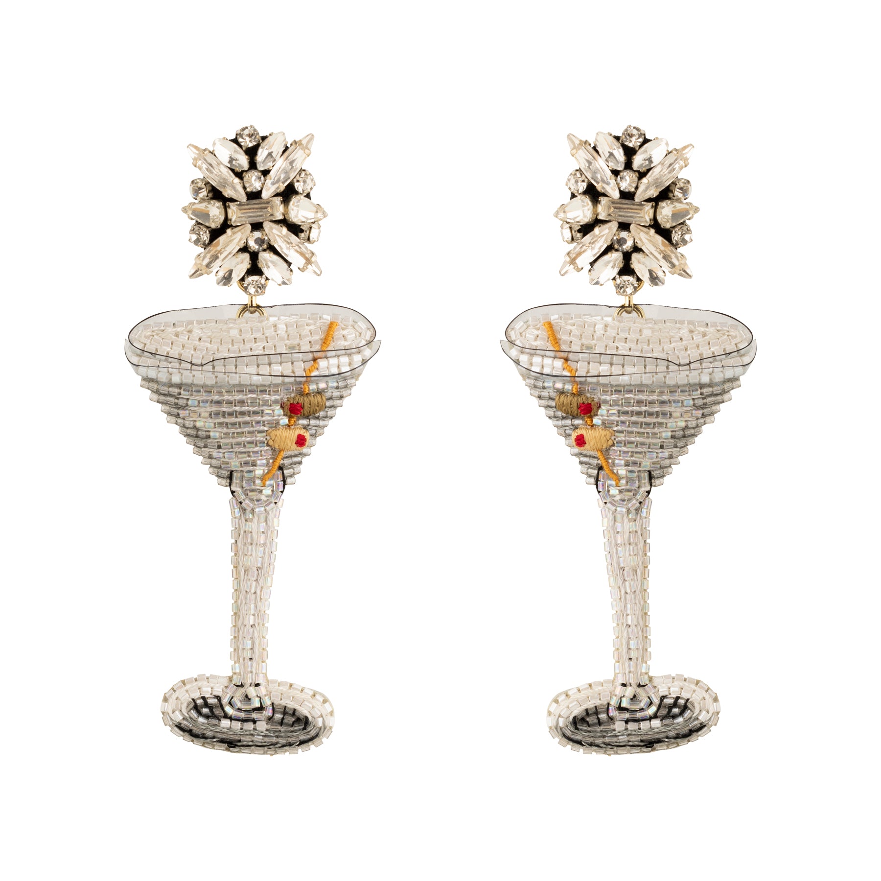 Silver Beaded Martini Drop Earrings on Flat White Background