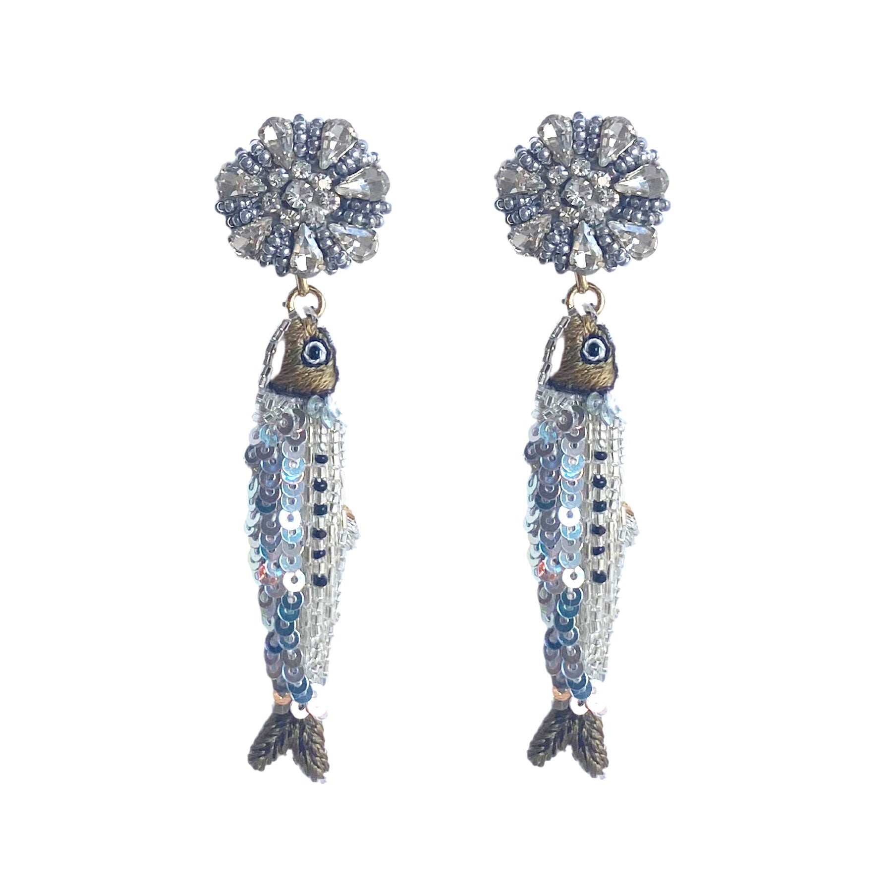 Silver and Blue Beaded and Embroidered Sardine Fish Drop Earrings on Flat White Background