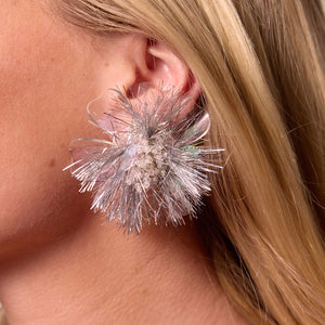 Silver Tinsel and Bead Stud Earrings Styled on Model's Ear