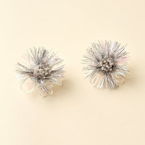 Silver Tinsel and Bead Stud Earrings on Tan Background