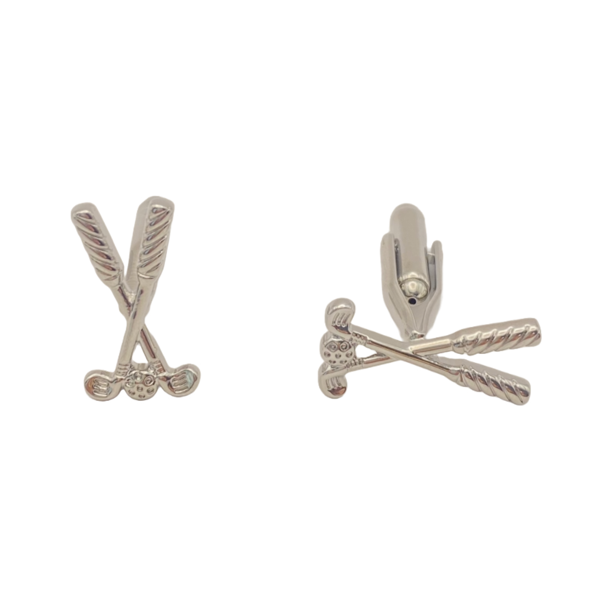 Silver Golf Ball and Club Cuff Links on Flat White Background