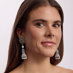 Beaded and Embroidered Silver Empire State Building Drop Earrings On Model