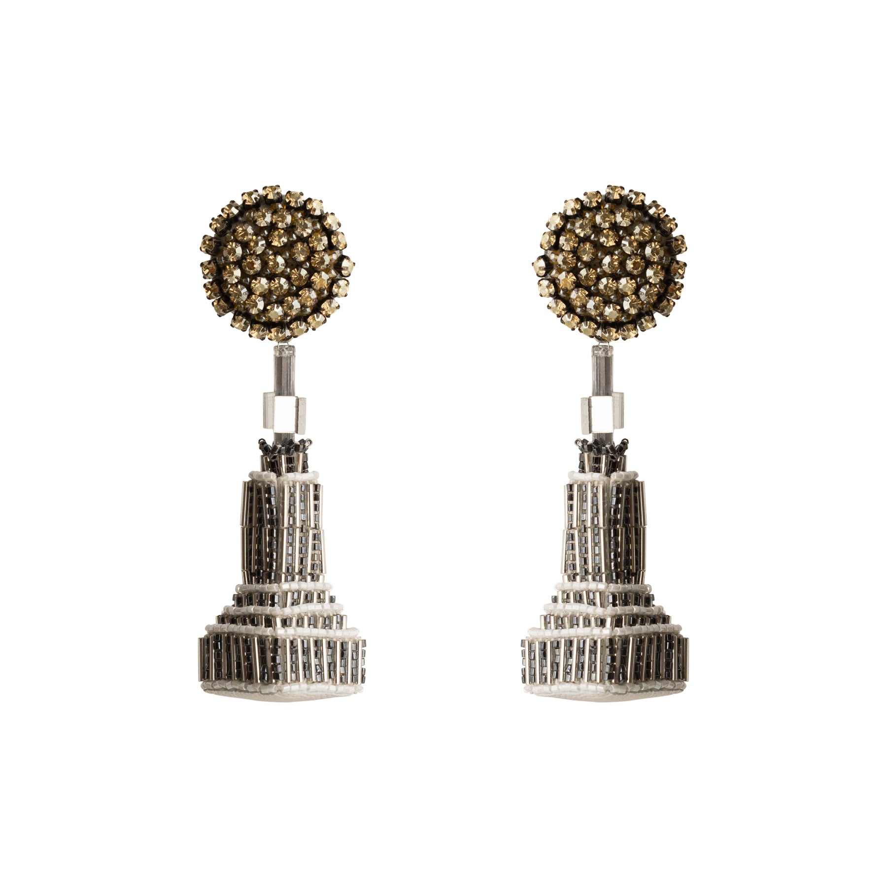 Beaded and Embroidered Silver Empire State Building Drop Earrings on Flat White Background