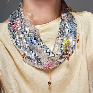 Silver Sequin Scarf Necklace with Multi-Colored Flower Bead Embroidery Styled on Model