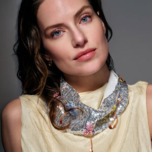 Silver Sequin Scarf Necklace with Multi-Colored Flower Bead Embroidery Styled on Model