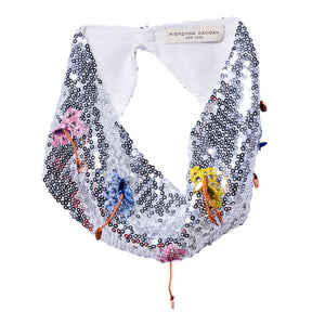 Silver Sequin Scarf Necklace with Multi-Colored Flower Bead Embroidery on Flat White Background