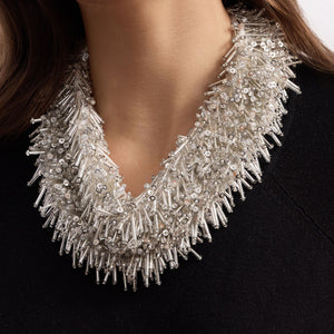 Silver Sequin and Beaded Scarf Necklace Styled on Model