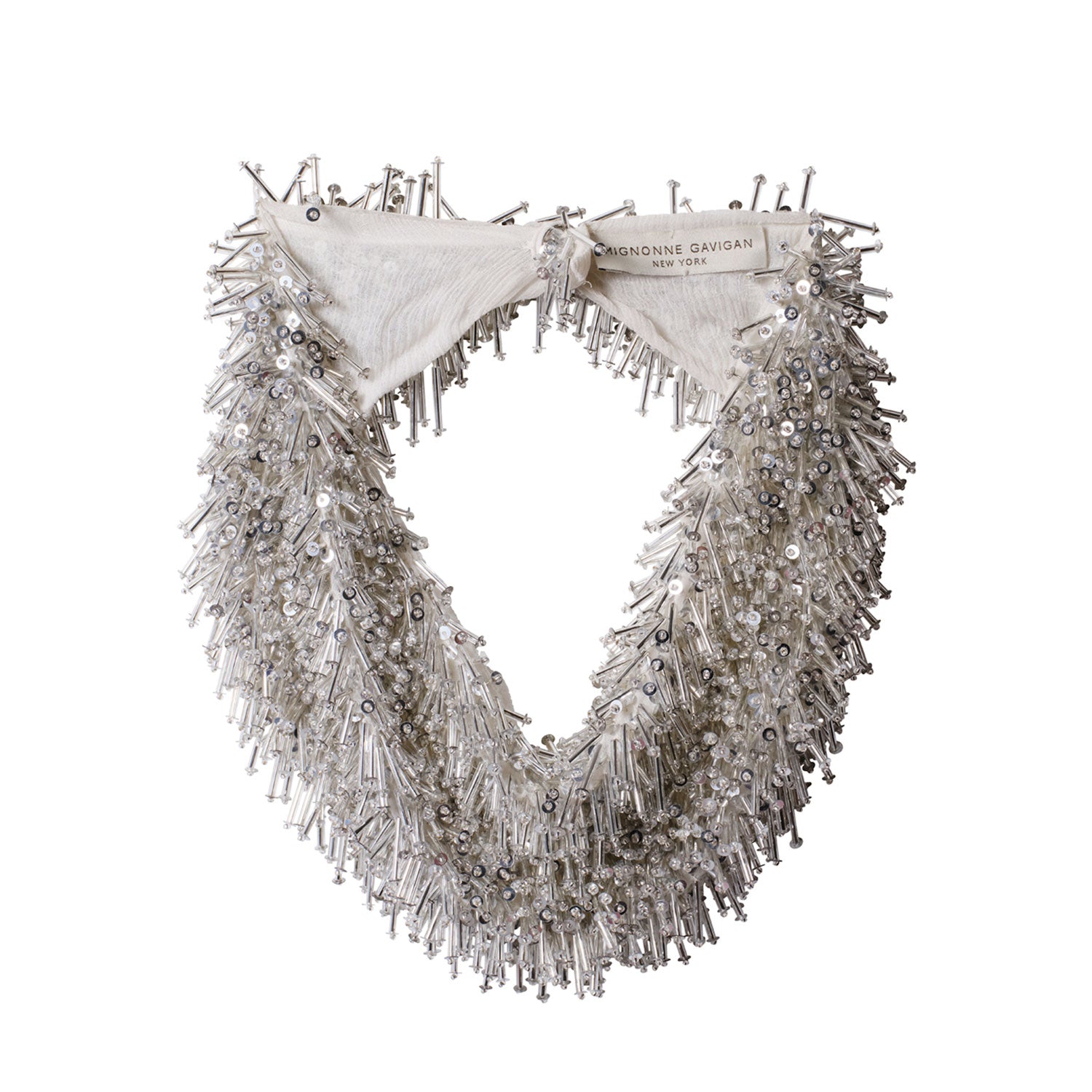 Silver Sequin and Beaded Scarf Necklace Styled on Flat White Background