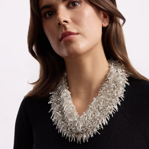 Silver Sequin and Beaded Scarf Necklace Styled on Model