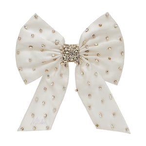 Silver and Crystal Embroidered Hair Bow on Flat White Background