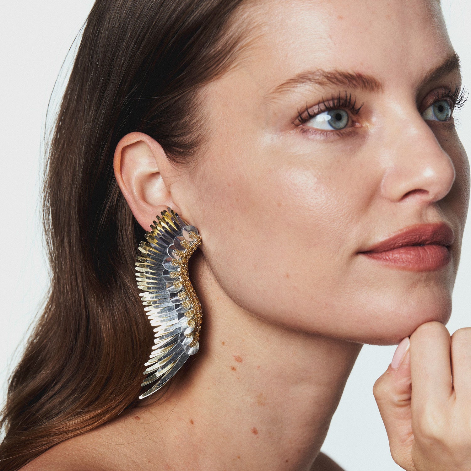 Silver and Gold Sequin Earrings Styled on Model