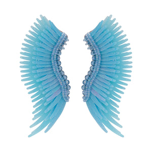Blue Glitter Sequin Wing Earrings on Flat White Background