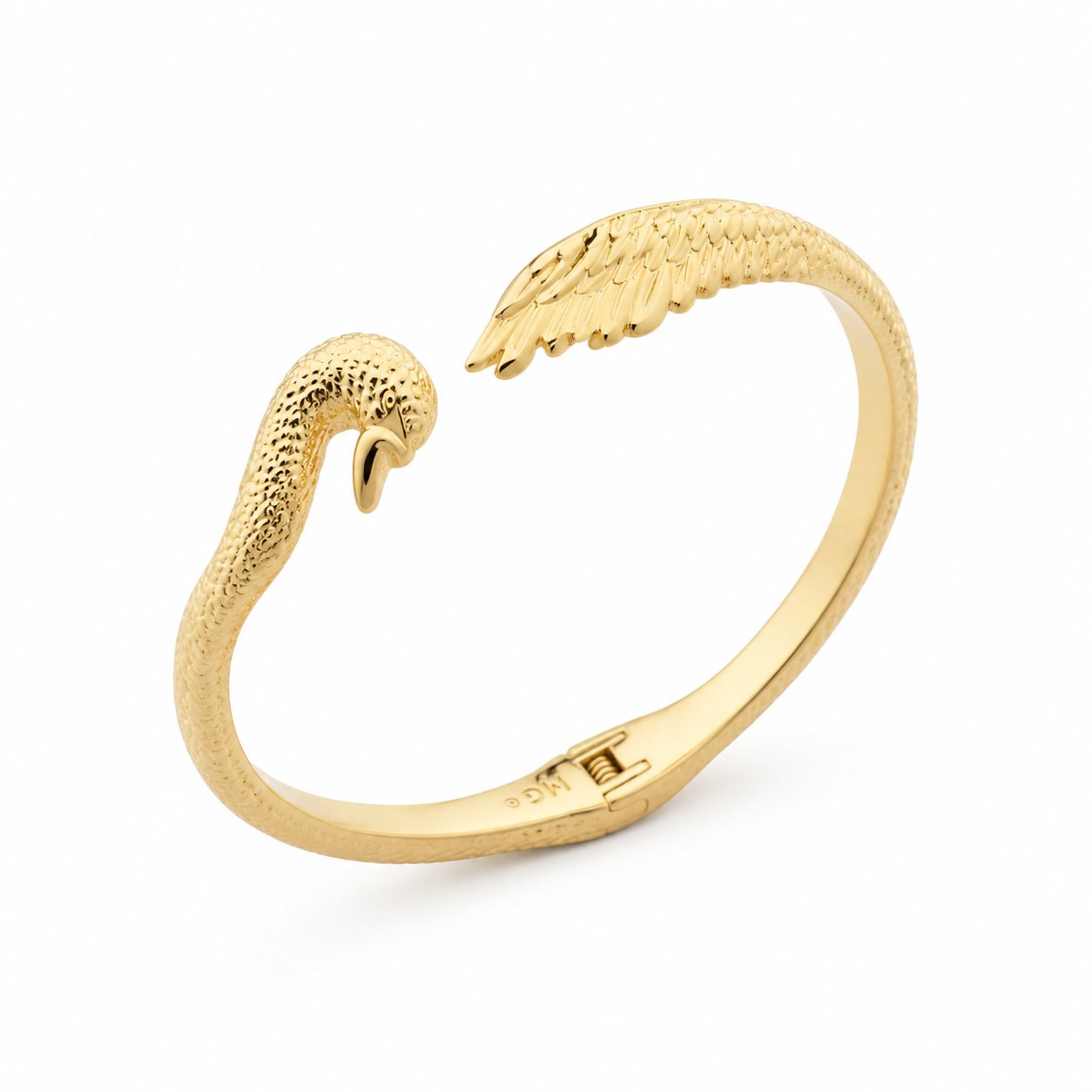 A gold-toned open cuff ring featuring sculpted eagle heads at each end, photographed on a clean white background.