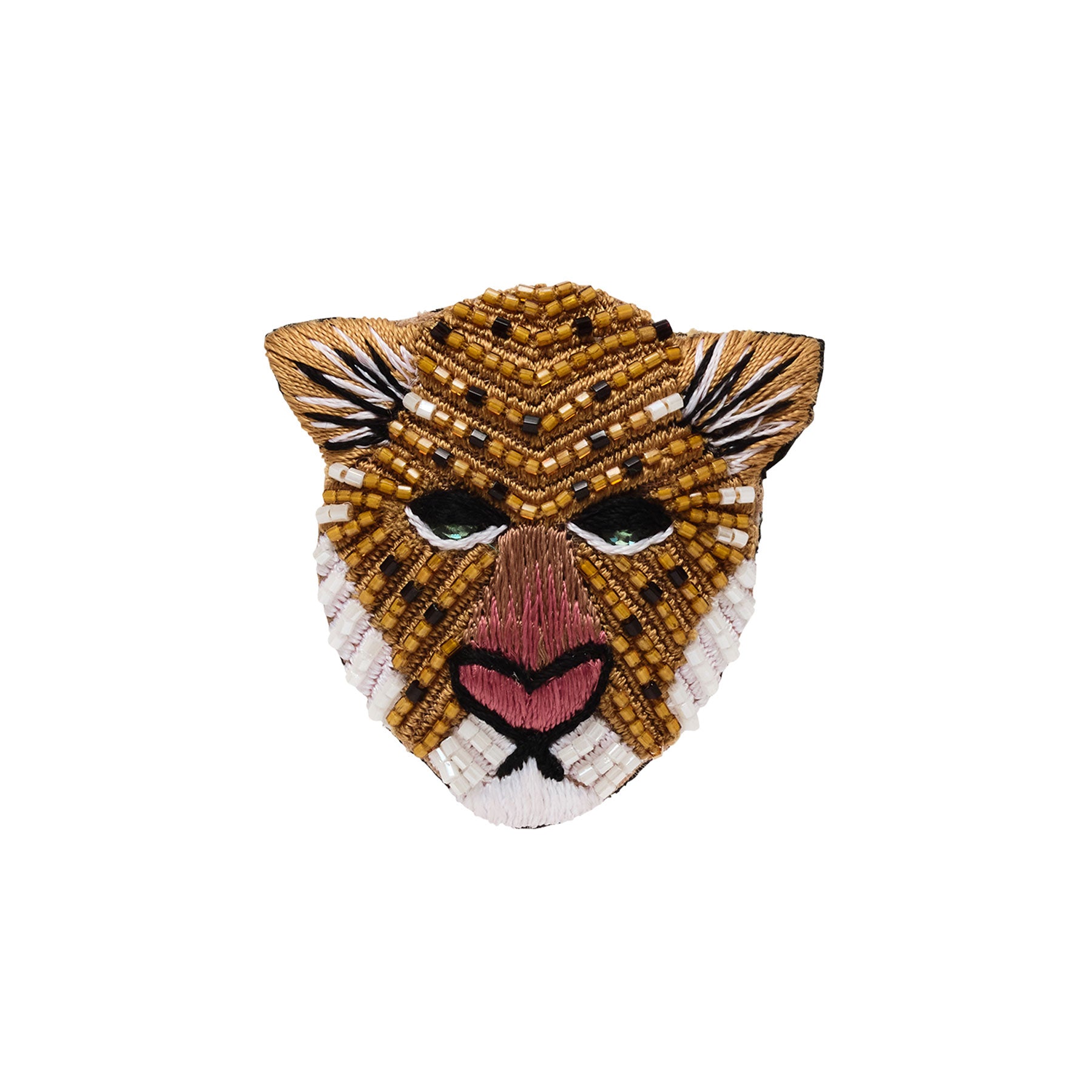 Tan, Brown, White, and Black Beaded and Embroidered Tiger Brooch on Flat White Background