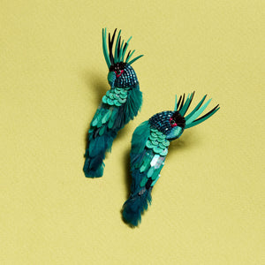 Blue and Green Feather and Bead and Sequin Bird Stud Earrings on Green Background