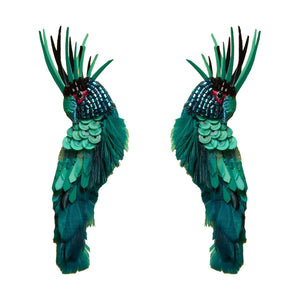 lue and Green Feather and Bead and Sequin Bird Stud Earrings on Flat White Background