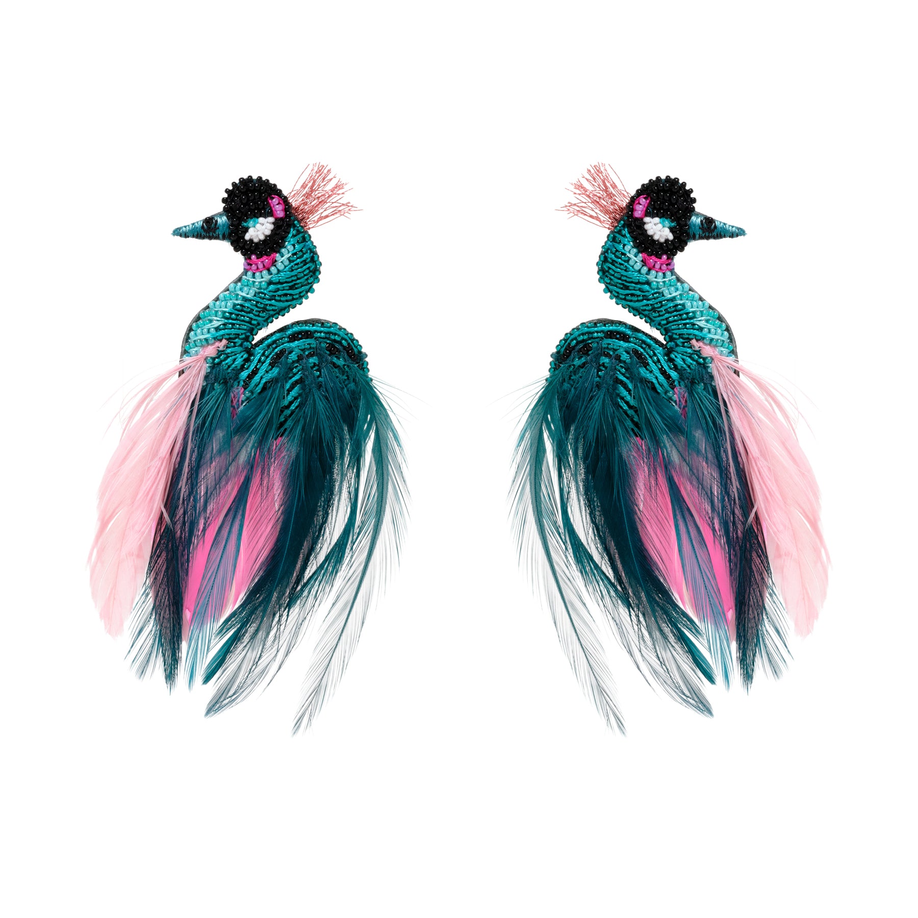 Teal and Pink Embroidered Feather Crane Bird Earrings on Flat White Surface