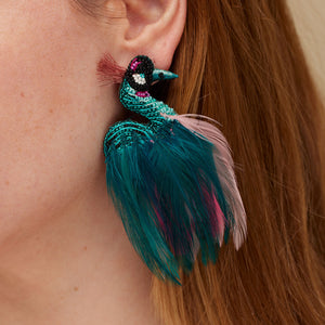 Crane Bird Earrings Styled on Model