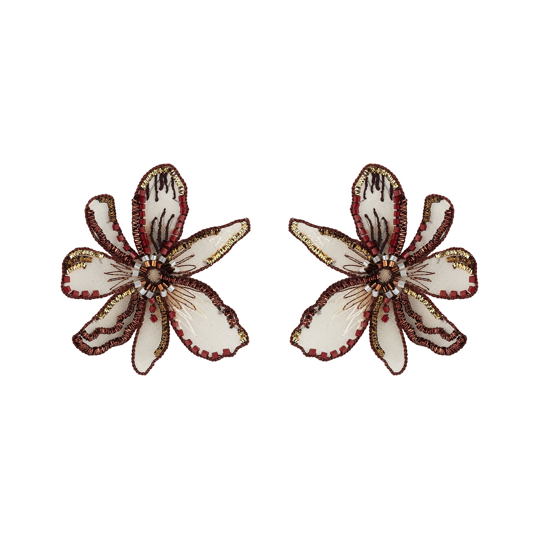 floral embroidered statement earrings against a white background