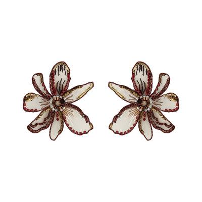 floral embroidered statement earrings against a white background