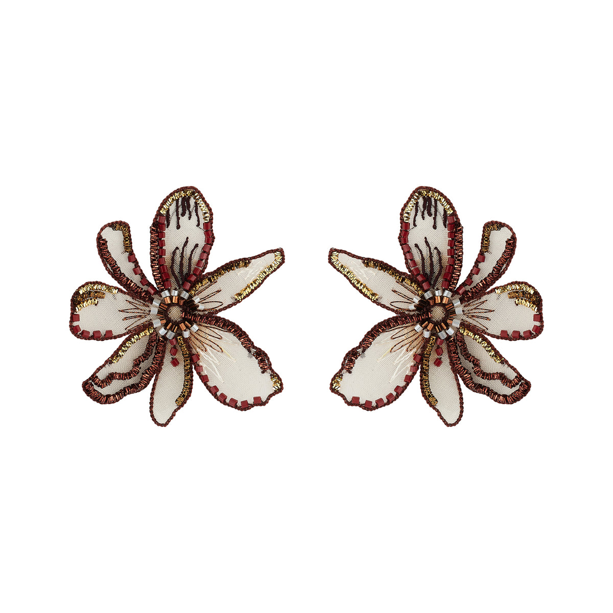 floral embroidered statement earrings against a white background