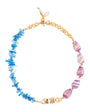 Blue and Pink Shell Necklace on White Background
