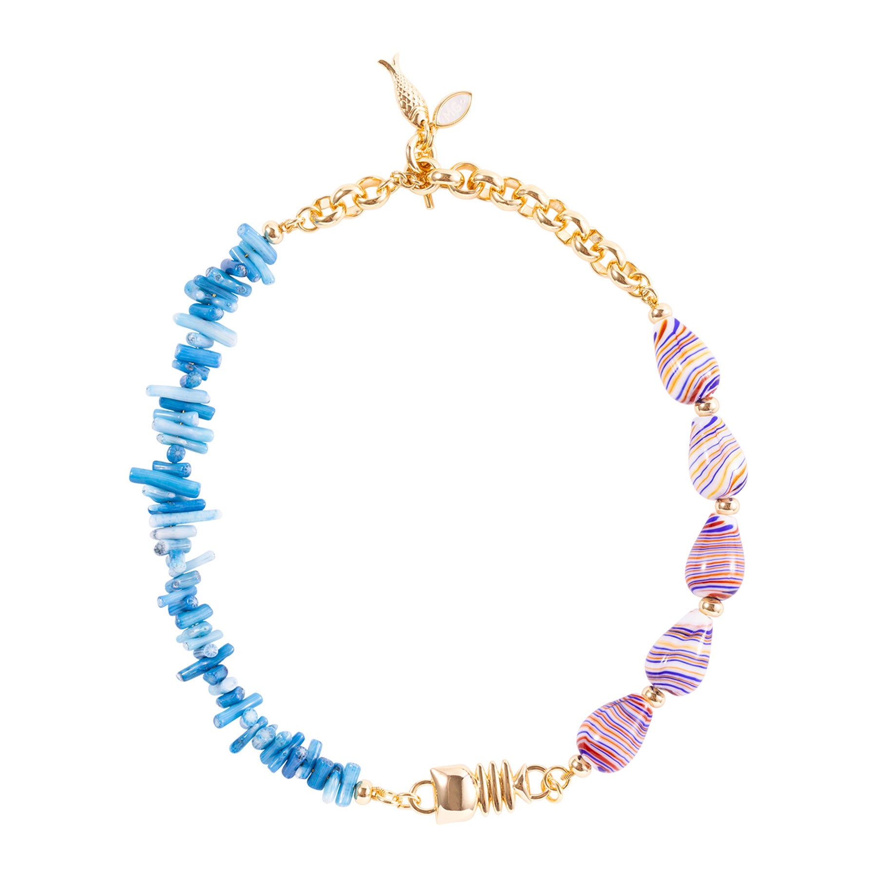 Blue and Pink Shell Necklace on White Background