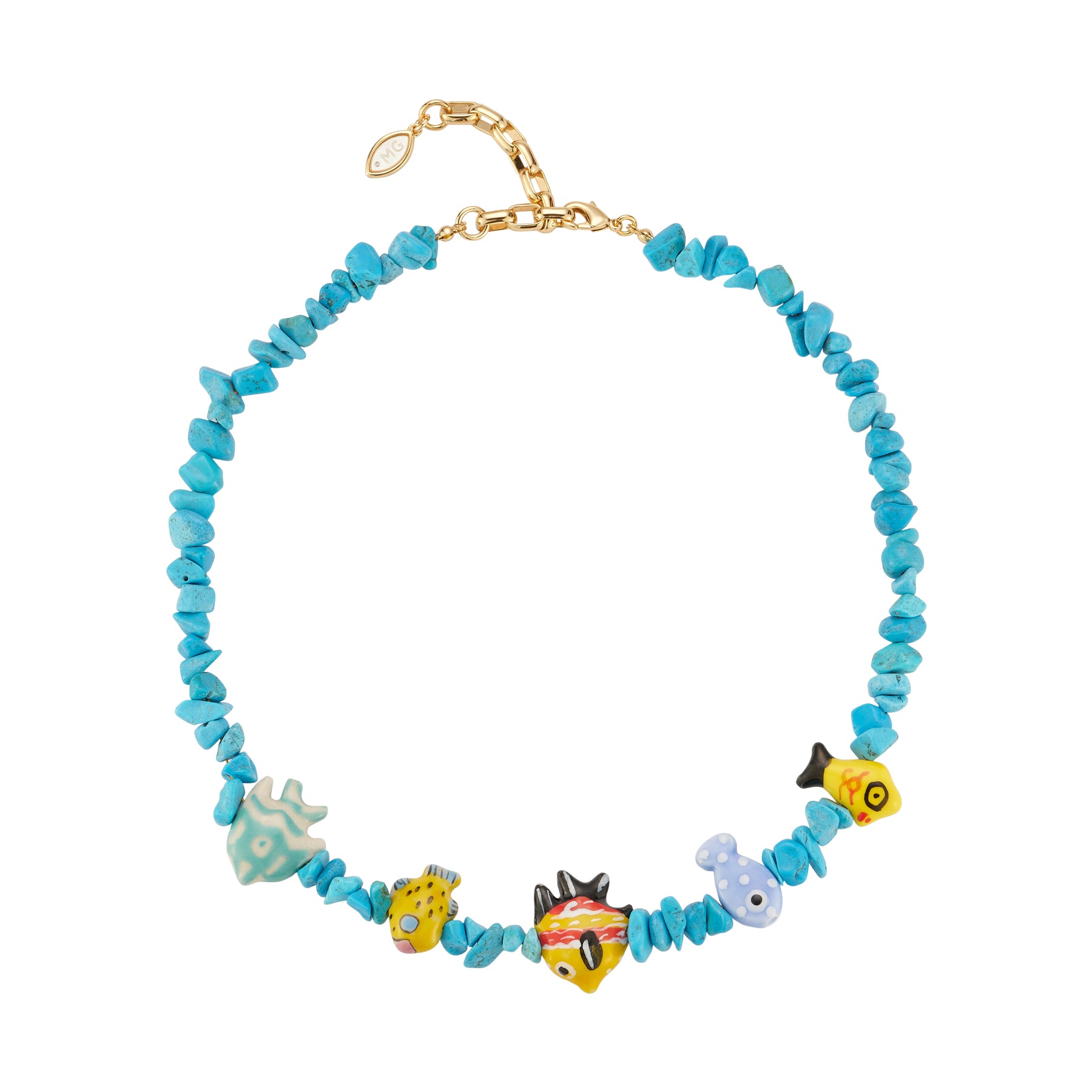 Blue Beaded Strand with Multi Colored Painted Fish Charms on Flat White Background