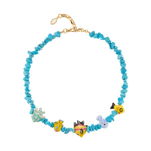 Blue Beaded Strand with Multi Colored Painted Fish Charms on Flat White Background