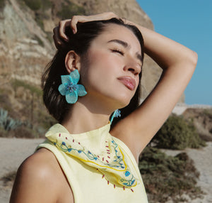 Turquoise Bead and Crystal Flower Stud Earrings Styled on Model