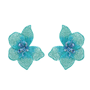 Turquoise Bead and Crystal Flower Stud Earrings on Flat White Background