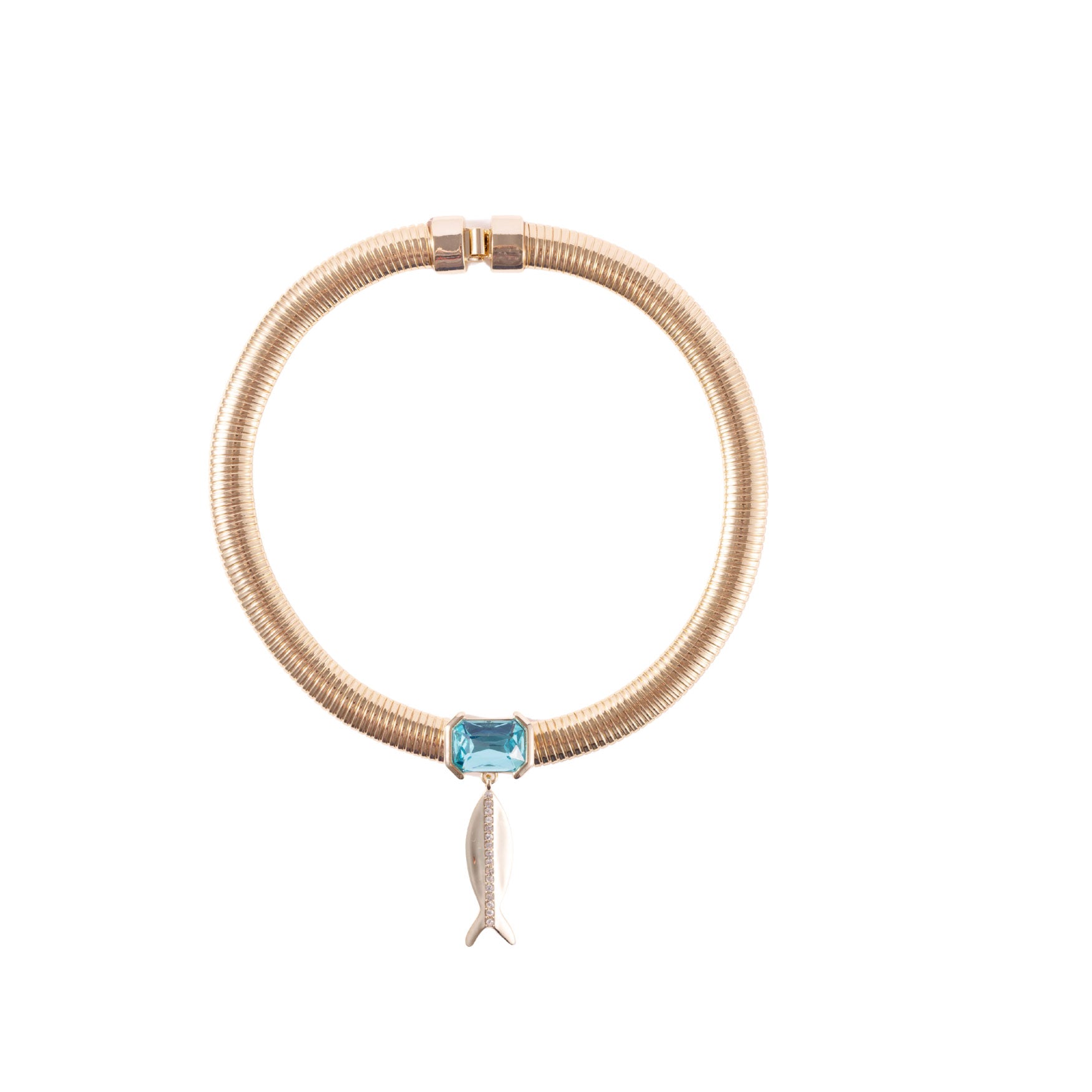 Necklace with a blue gemstone on a white background