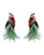 Bird inspired embroidered and beaded earrings with feathers against a white background
