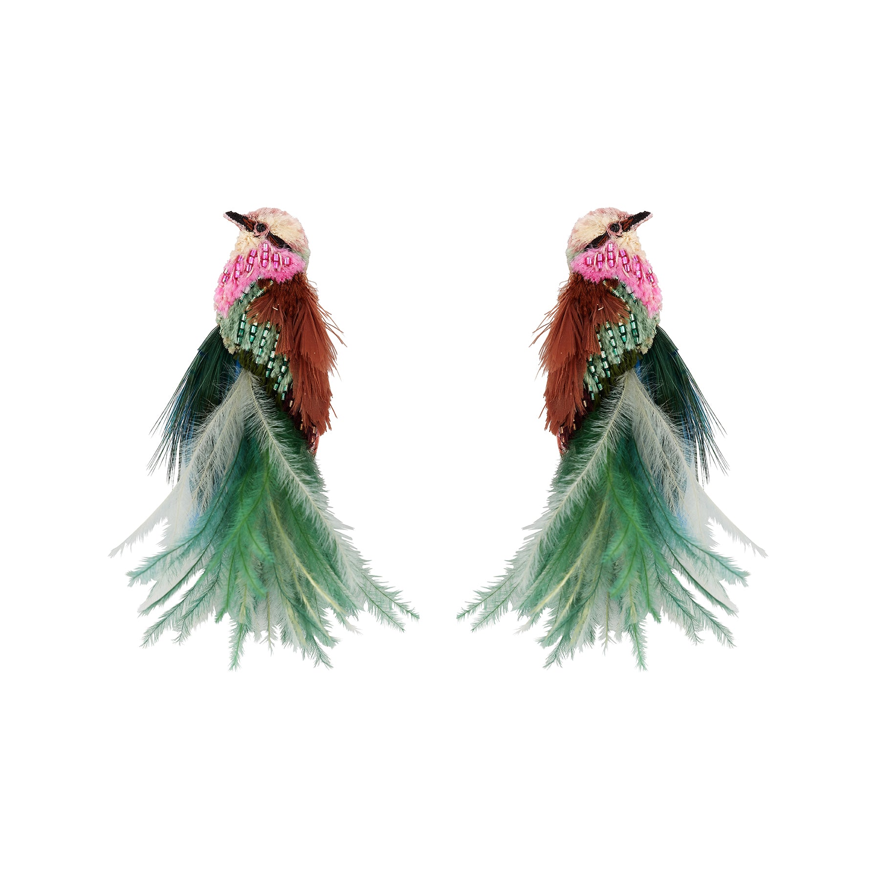 Bird inspired embroidered and beaded earrings with feathers against a white background