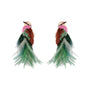 Bird inspired embroidered and beaded earrings with feathers against a white background