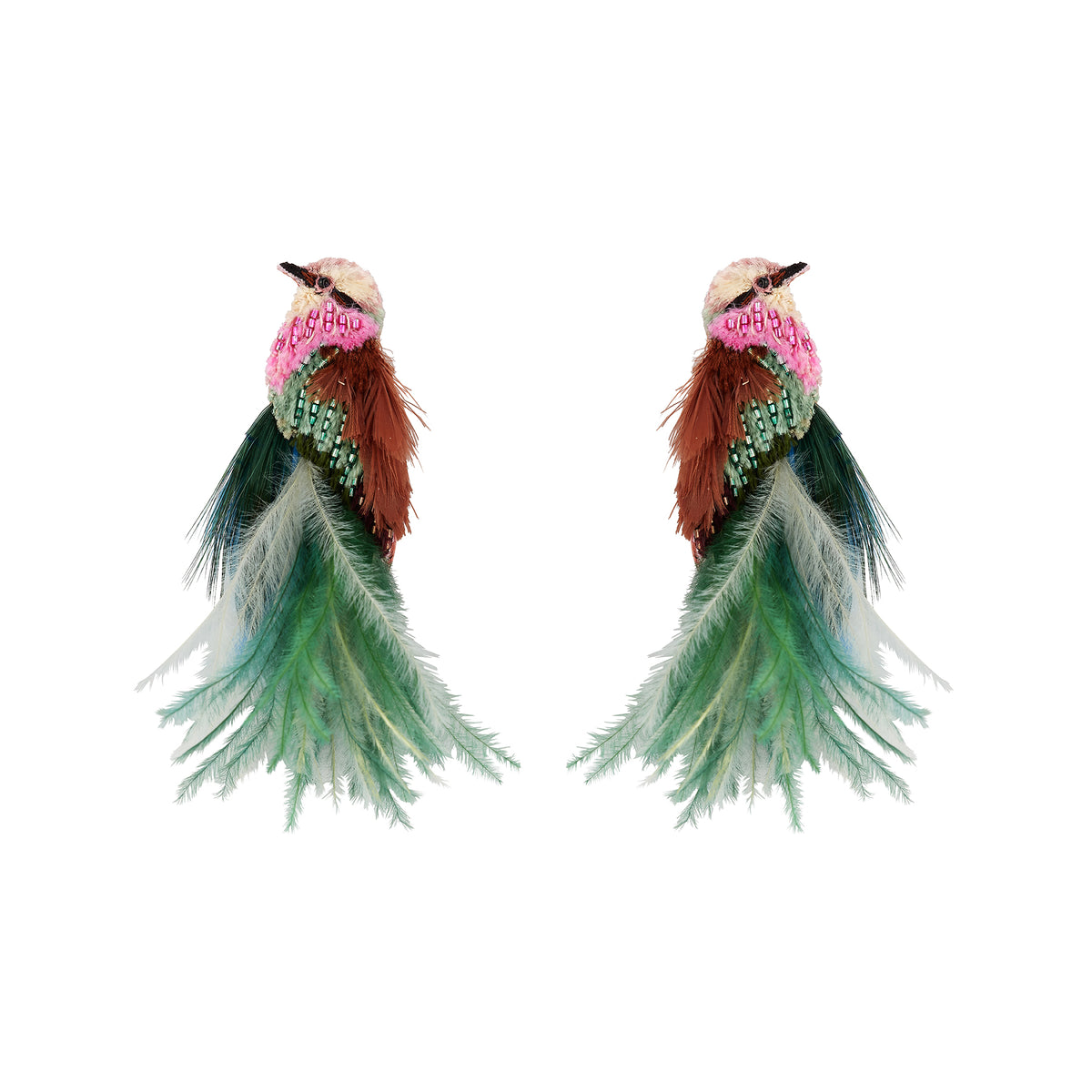 Bird inspired embroidered and beaded earrings with feathers against a white background