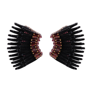 Black Velvet Sequin Wing Stud Earrings with Red Crystals on Flat White Background