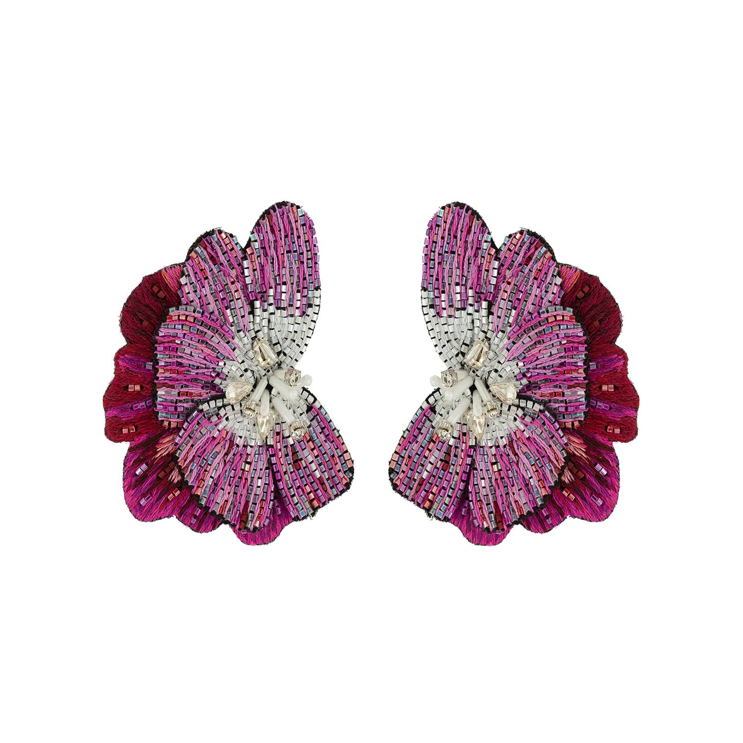 Pair of pink and white beaded flower earrings on a white background