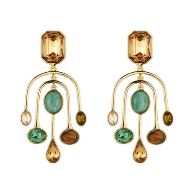 A pair of gold-tone statement dangle earrings featuring a large faceted amber top stone, curved gold bars, and multiple dangling gemstone drops in green, brown, and clear, shown on a plain white background.