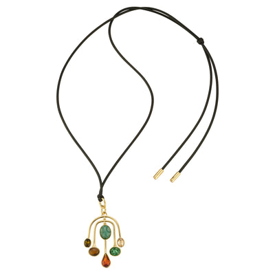 Black corded necklace with gemstone pendants on white background