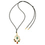 Black corded necklace with gemstone pendants on white background