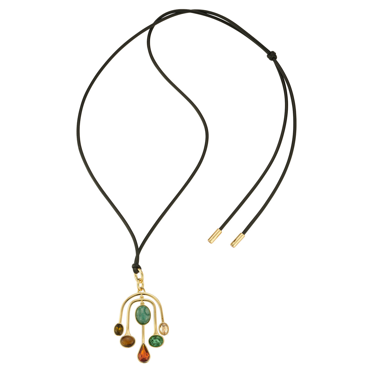Black corded necklace with gemstone pendants on white background
