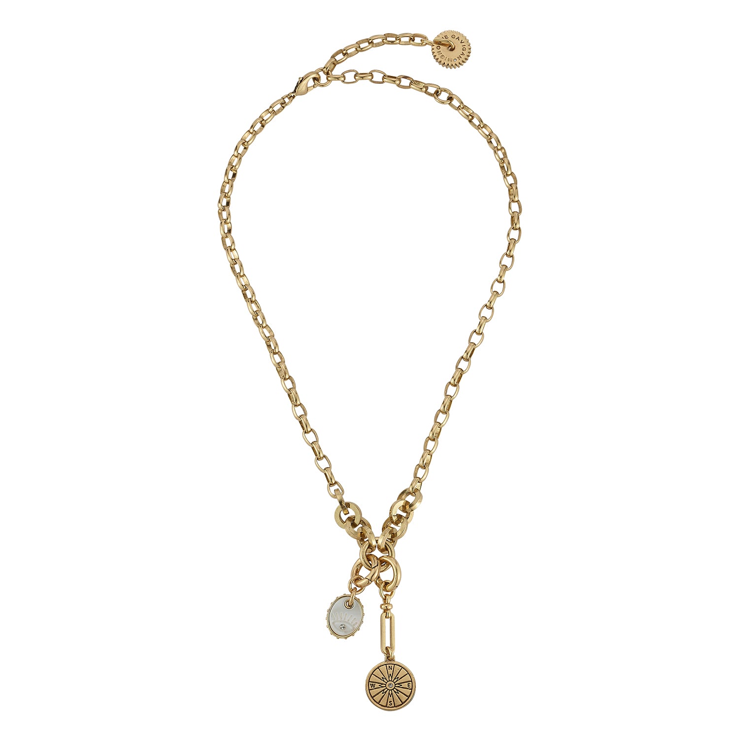 A gold chain necklace with a lobster clasp, featuring two hanging charms: a small oval white stone charm and a larger circular sunburst-patterned gold charm, displayed on a clean white background.