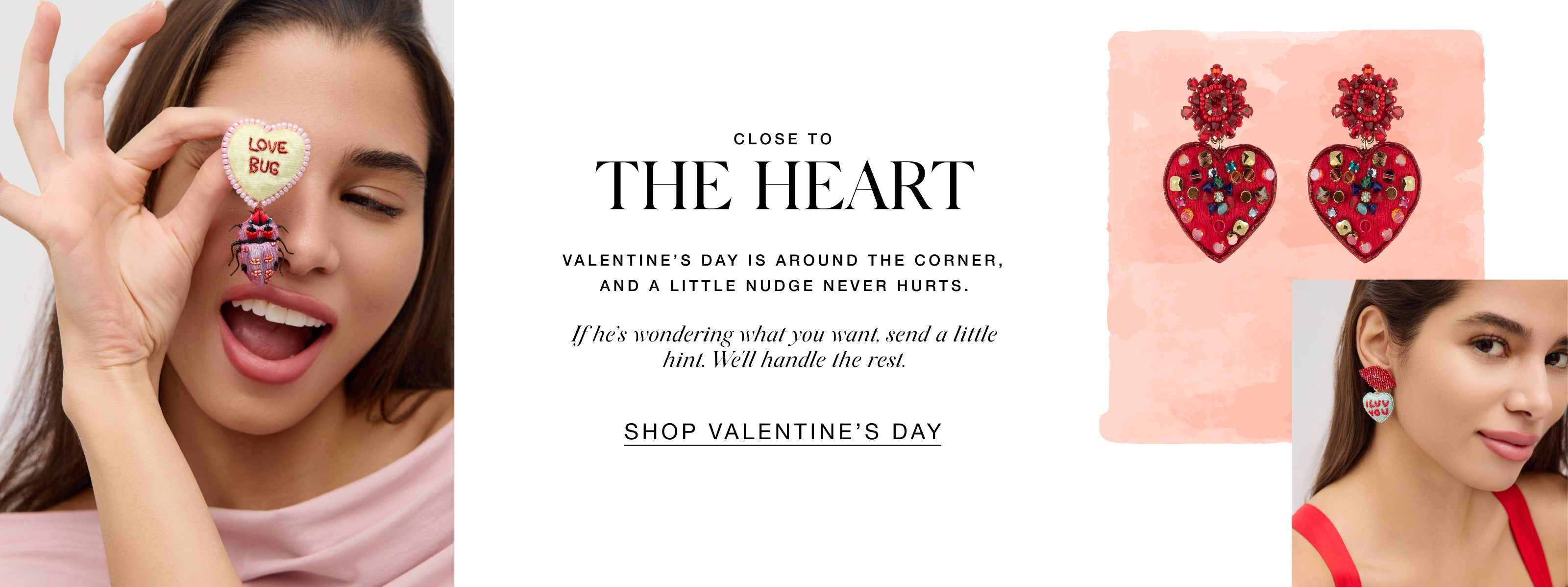 Valentine's Day advertisement with heart-shaped earrings and a woman wearing them.