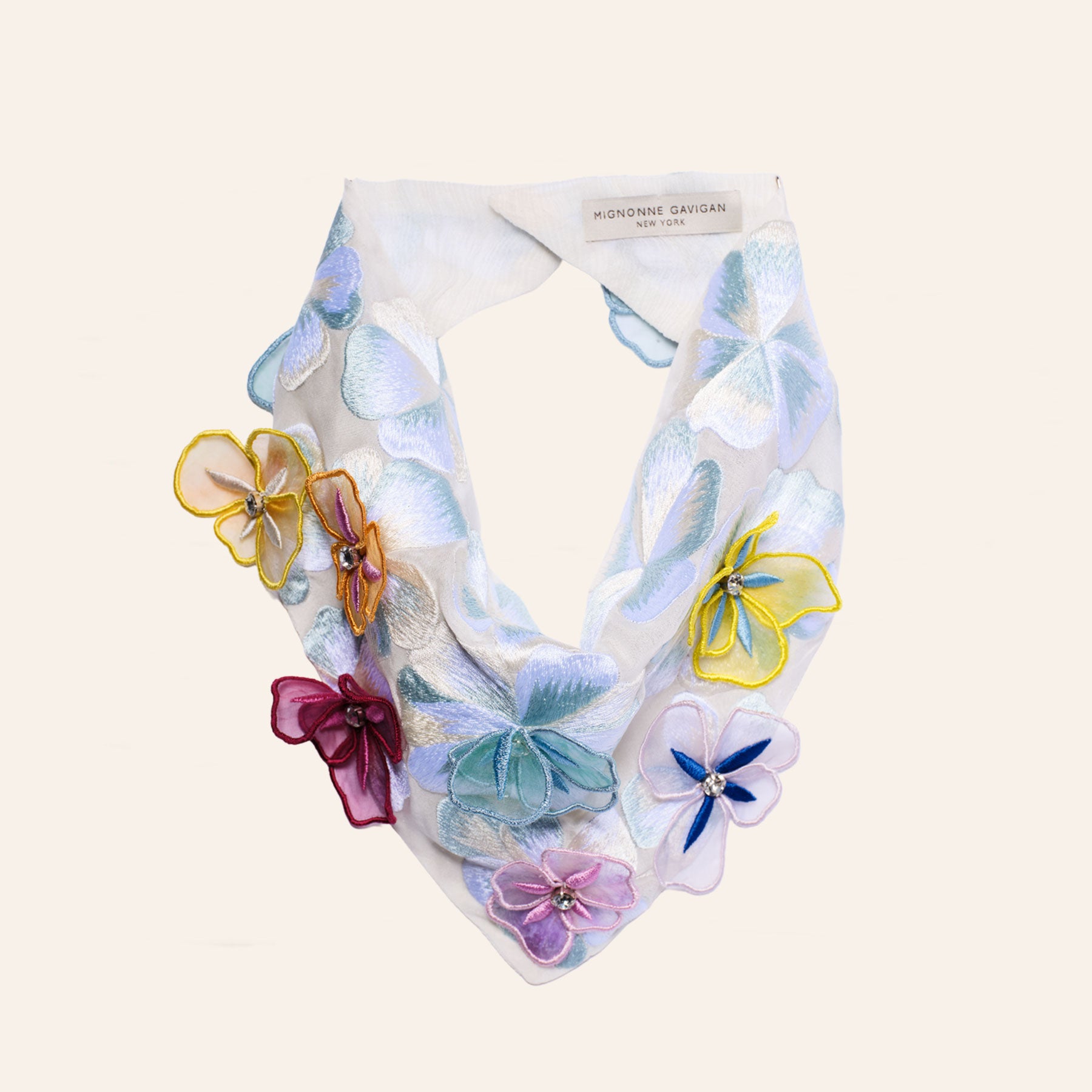 Multi-Colored Flower Embroidered Bandana On Tan Background