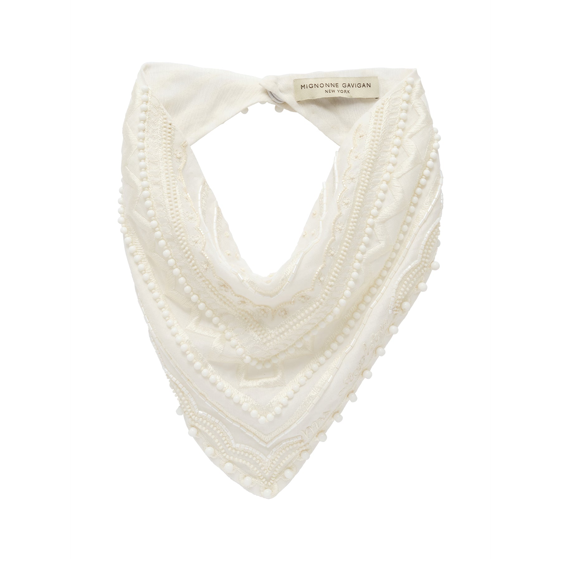 White Beaded and Embroidered Bandana on Flat White Background