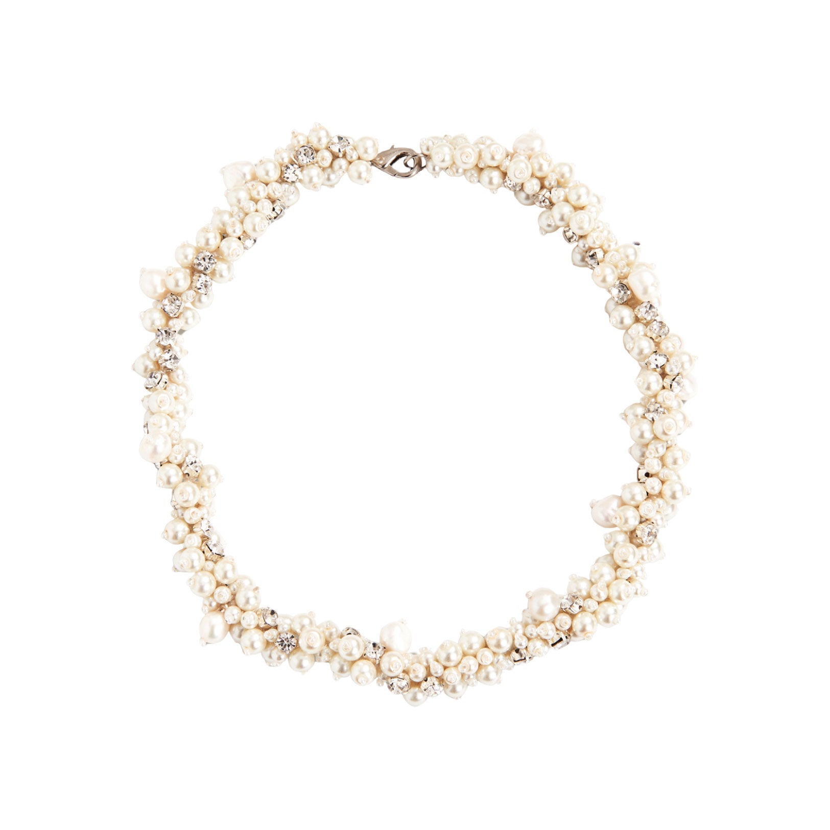 White Pearl and Crystal Collar Necklace on Flat White Background