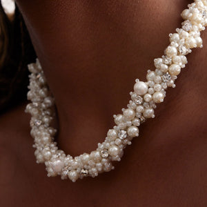 White Pearl and Crystal Collar Necklace Styled on Model